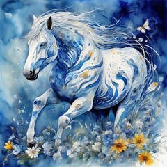 watercolor of decorative horse with wildflowers, blue and white contemporary art, intense, stylized, detailed, high resolution