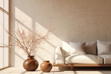 Living room interior design with vase, wooden floor and white sofa. Created with Ai