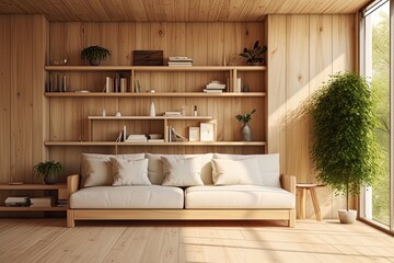 Modern living room interior design with wooden walls and wooden floor, white sofa, and shelf. Created with Ai