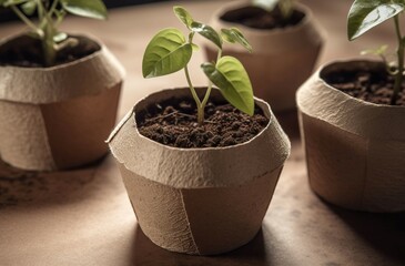 Growing pots cardboard. Nature spring leaf paper grow seed. Generate Ai