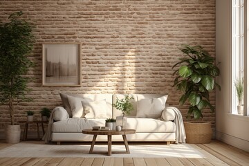 Modern living room with white sofa, round wooden table and painting. Created with Ai