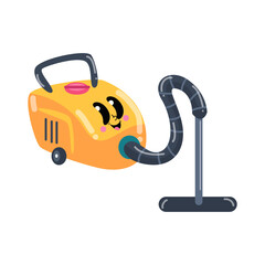 a vacuum cleaner with a yellow face and a black handle