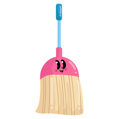 a pink broom with a blue handle