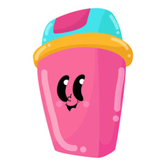 cartoon pink cup with eyes and a blue lid