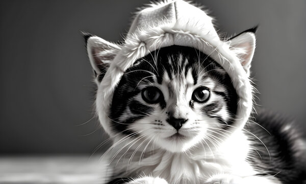 A black-and-white photo of a cat in a fur hat. Monochrome. Generative AI