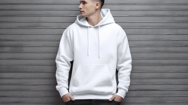 White Hooded Sweatshirt Mockup, White Gildan 18500, Man Wearing White Hoodie On Street In Daylight, Hoodie Mockup Template Adult For Design Print, Male Guy Wearing Casual Hoodie Placement