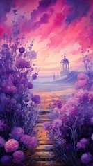 Zelfklevend Fotobehang Lush purple flowers frame pathway leading to gazebo and lighthouse, surreal sunset backdrop. Fantasy and dreamy landscape. © Postproduction