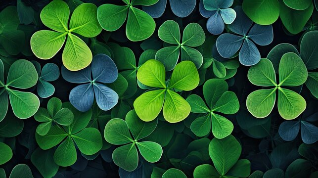 Green natural background of four leaf clover leaves bringing good luck