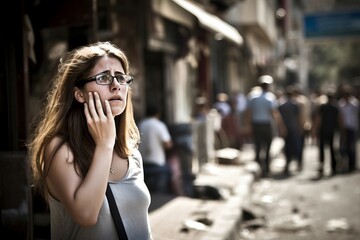 Worried Israeli woman outdoor during the space rocket attack. Fearful lady on urban avenue during...