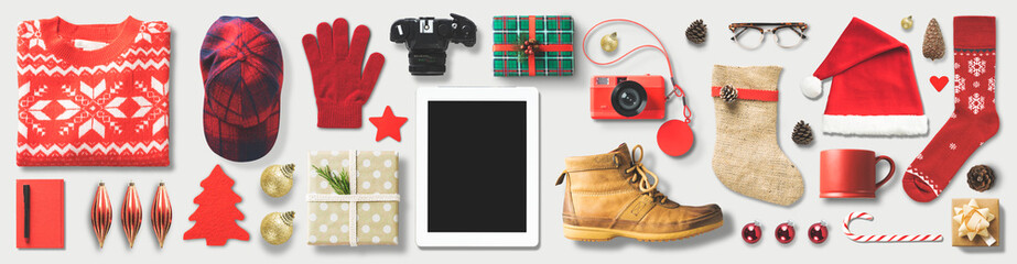 Shopping for Christmas Flat lat Lay with a digital tablet mockup