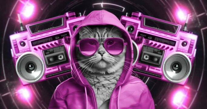 Anthropomorphic Dj cat. Modern animation collage. Content ai generated