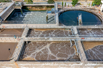 Aerial view of modern industrial sewage treatment plant at shrimp processing factory, Ca Mau,...