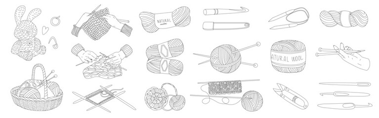 Set of icons on the theme of wool knitting. Hobbies for relaxation. Vector illustration for home craft stores and postcard design. World Knitting Day. - obrazy, fototapety, plakaty