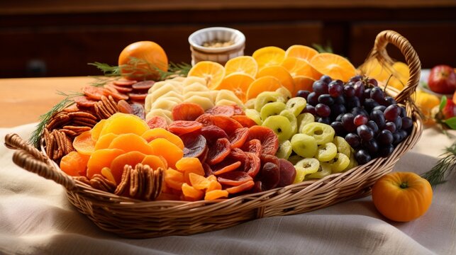 an image of dried fruits as part of an elegant gift basket presentation