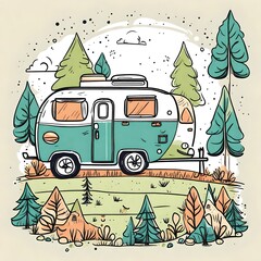 A simple drawing of a vintage whimsical cute camper in the summer forest suitable for a t-shirt design T-shirt design graphic