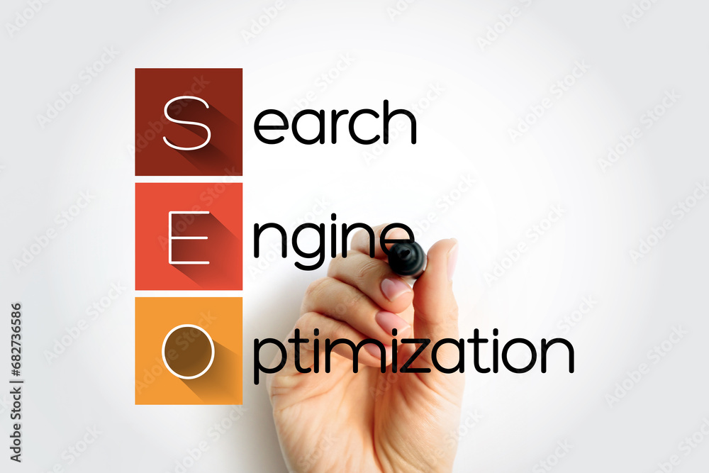 Poster seo search engine optimization acronym - process of improving the quality and quantity of website tr