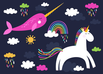 Unicorn collection. Illustration of the cute narwhal, unicorn, rainbow and clouds