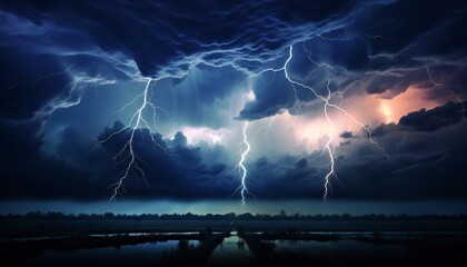Naklejka na ściany i meble Nighttime tornado storm: Mezocyclone lightning bolt electrifies the ground, illuminating the field.