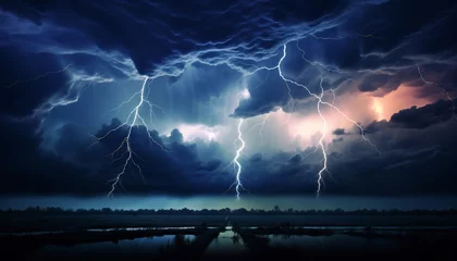 Tuinposter Nighttime tornado storm: Mezocyclone lightning bolt electrifies the ground, illuminating the field. © kilimanjaro 