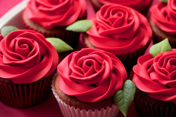 Valentine's day cupcakes with red buttercream shaped like a rose