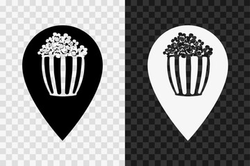 Cinema on the map, silhouette icon, vector glyph sign. Popcorn point on the map, symbol isolated on dark and light transparent backgrounds.