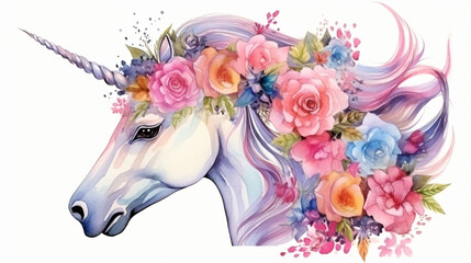 Beautiful cute watercolor unicorn head with flowers