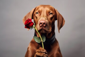Charming red-haired vizsla dog with rose