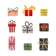 Christmas gift boxes set in hand drawn style. Vector illustration