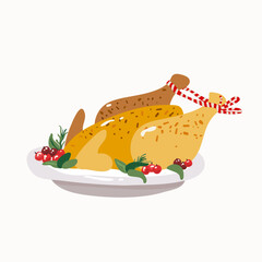 Roast chicken with berries served on a festive table. Dish for Christmas. Vector illustration. 