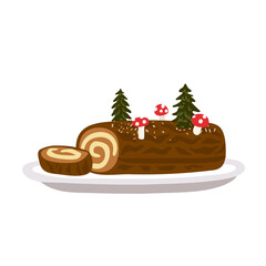 Yule log or Buche de Noel, traditional Christmas French dessert. Vector illustration. 
