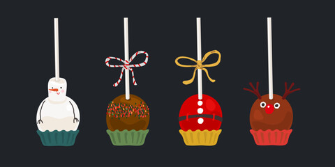 Christmas cake pops in white and milk chocolate in the form of snowmen, deer and santa. Vector illustration