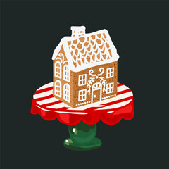 Christmas gingerbread house stands on a stand with sweets and icing. Vector illustration