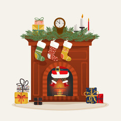 Christmas fireplace with clocks and gifts. Santa claus stuck in chimney. Vector illustration