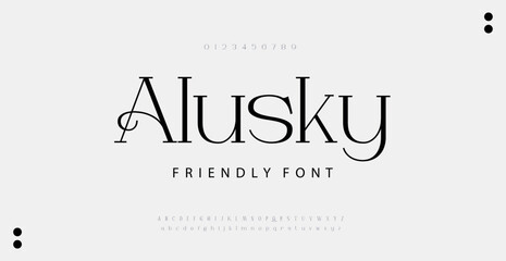 Alusky Elegant Font Uppercase Lowercase and Number. Classic Lettering Minimal Fashion Designs. Typography modern serif fonts regular decorative vintage concept. vector illustration - obrazy, fototapety, plakaty
