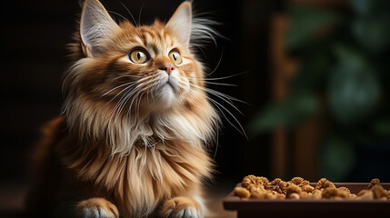 Cute little hungry kitten innocent looking up and waiting for more food on a wooden floor and a food bowl next to him 