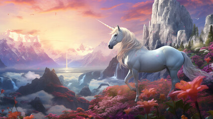 Beautiful Unicorn in Magical Mountains