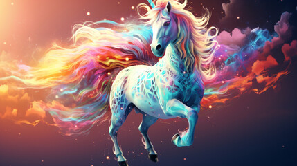 Fototapeta na wymiar Beautiful unicorn with colorful flowing mane