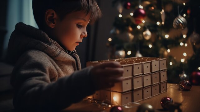 boy opens an advent calendar against the background of a Christmas tree, banner