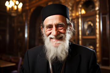 Portrait of a smiling old priest inside a church - obrazy, fototapety, plakaty