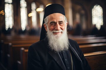 Portrait of a smiling old priest inside a church