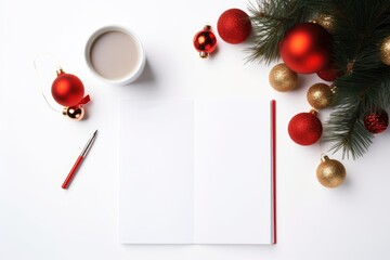 Naklejka na ściany i meble white blank flat lay empty mock up of open planner with christmas tree and decorations