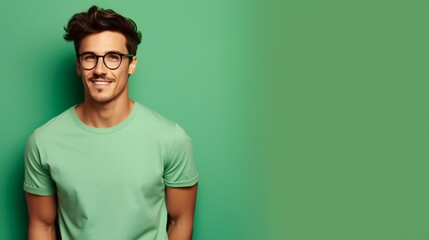 Handsome brunette man in glasses in a green t-shirt on a green background with copy space
