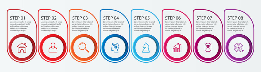 Simple infographic with 8 parts or options, simple design full of colors, interrelated circle and square shapes, icons, text and numbers, for presentations, flow diagrams and your business