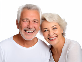 Beautiful elderly couple laughing. Gray-haired man and woman smiling full mouth. Isolated on white background