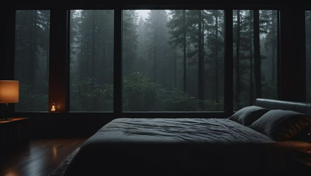 cozy rainy day at home. Cozy apartment bedroom with big window. Raining outside. Cozy hotel. Beautiful forest jungle landscape.
