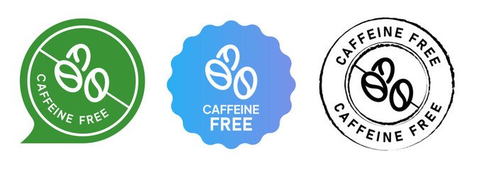 Caffeine free no coffee emblem tag circle set label rubber stamp collection in green blue gradient and black color - obrazy, fototapety, plakaty