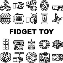 fidget toy pop fun icons set vector. silicone bubble, hand stress, children game, finger push, kid fidget toy pop fun black contour illustrations