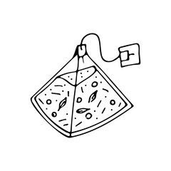 Vector isolated one single tea bag with paper label. Outline easy drawing. Doodle illustration