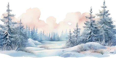 watercolor background winter landscape with snow
