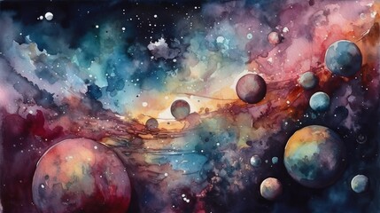 Obraz na płótnie Canvas Watercolor illustration of space. Space background with planets, stars and galaxies